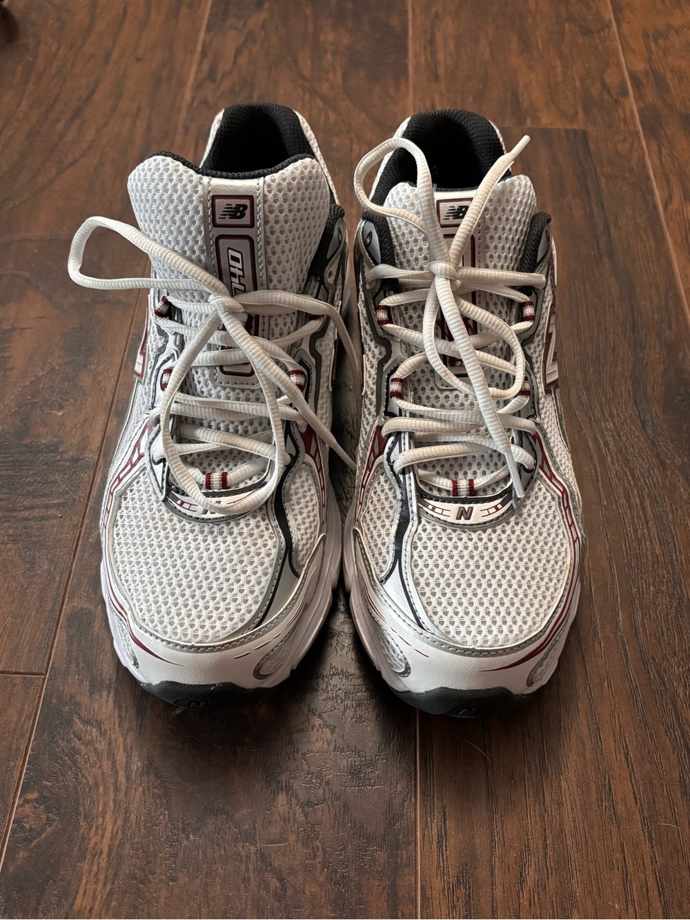 New Balance White Mesh Running Sneakers with Silver and Burgundy accents
